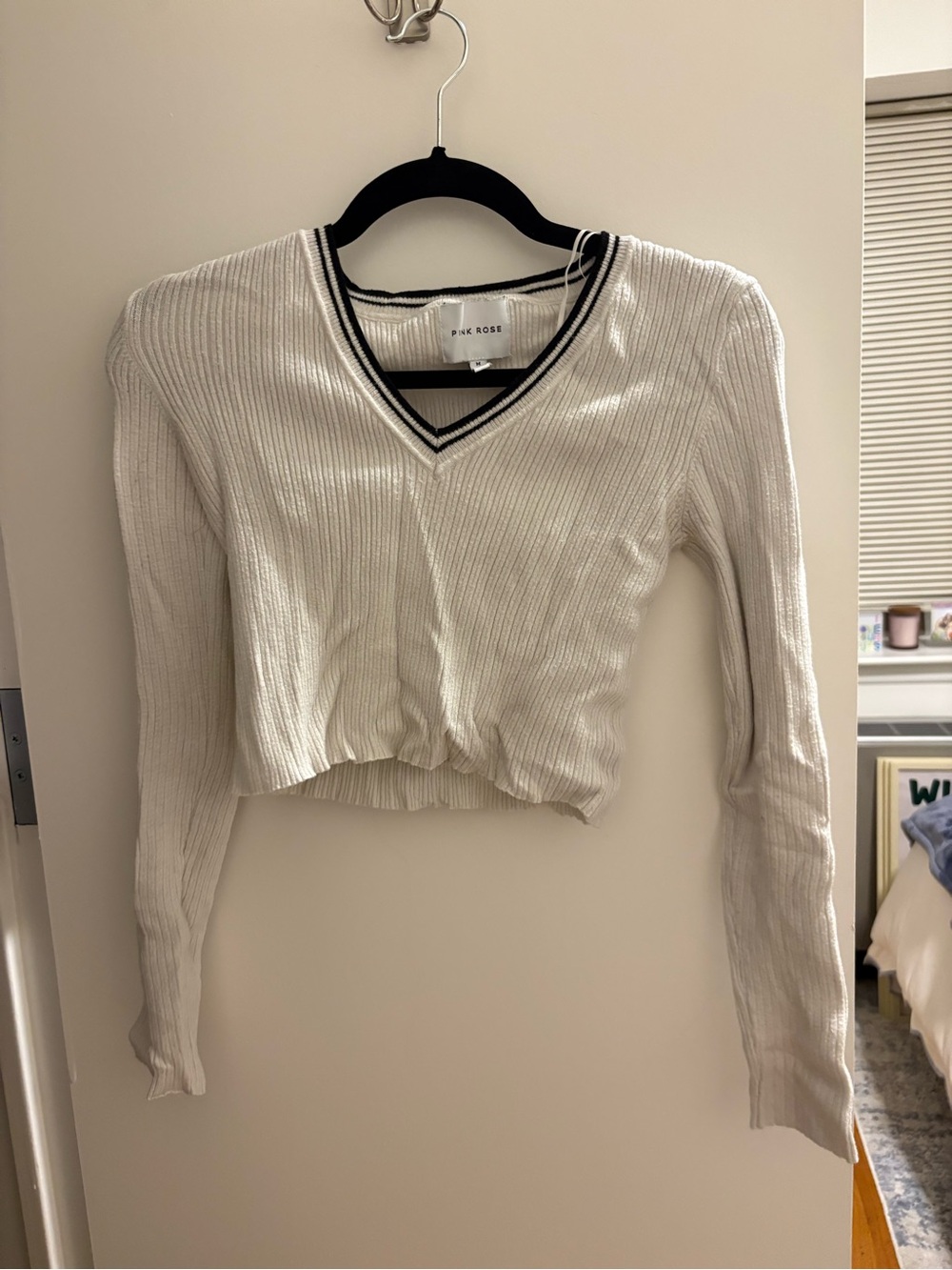 Pink Rose Cream Ribbed V-Neck Cropped Top with Black Trim